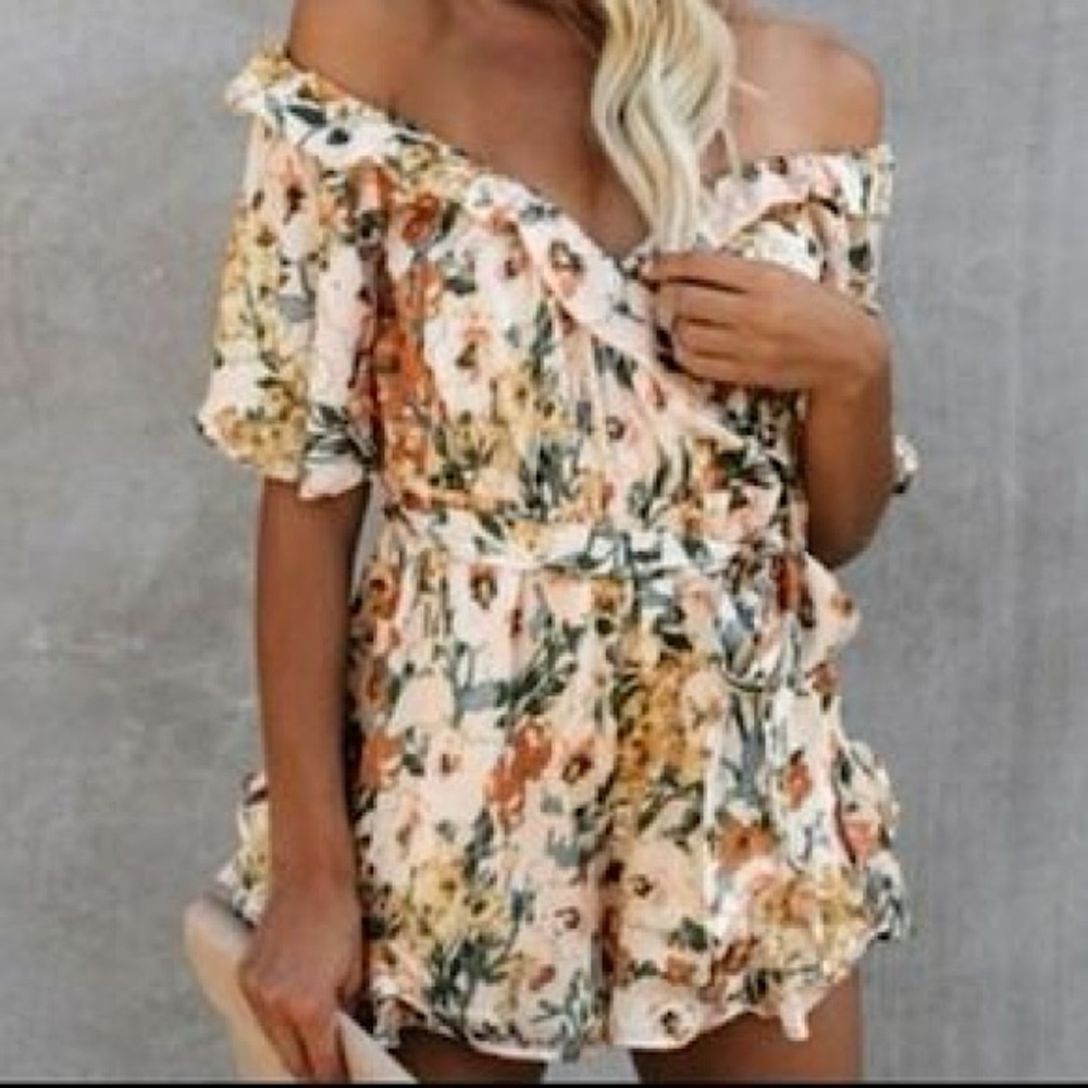 Vici Yellow Floral Off the Shoulder Romper, Tied Waistband, Flowy Jumpsuit